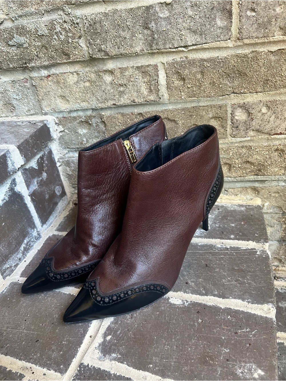 Tory Burch Brown Leather Pointed-Toe Ankle Booties with Black Toe Detail